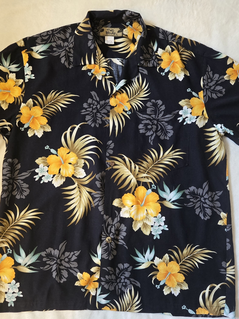 Two Palms Men’s Black Short-Sleeve Hawaiian Shirt with Yellow Floral Print